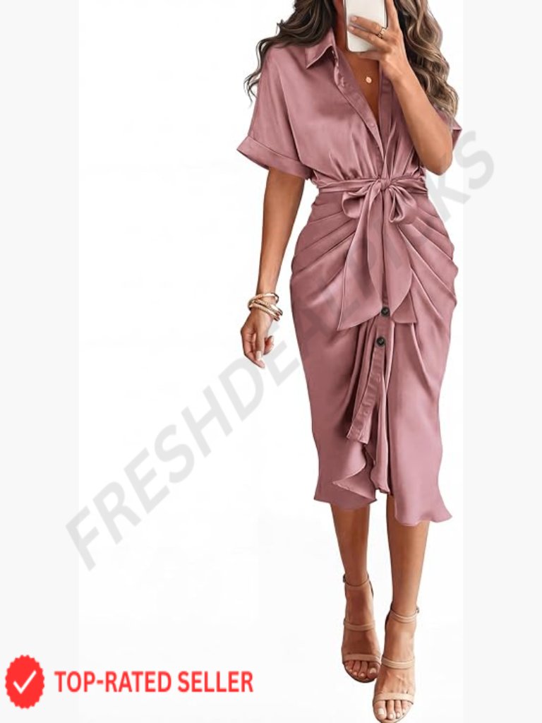 Rueched Satin Maxi Shirt Dress With Tie Waist And Button Placket